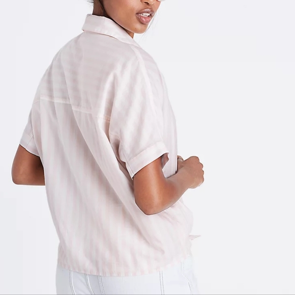 Madewell small pink white stripe button down front knot dolman sleeve top - Picture 3 of 6